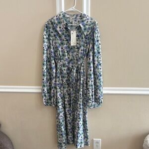 Elegant Long Sleeve Floral Dress in Blue and Green